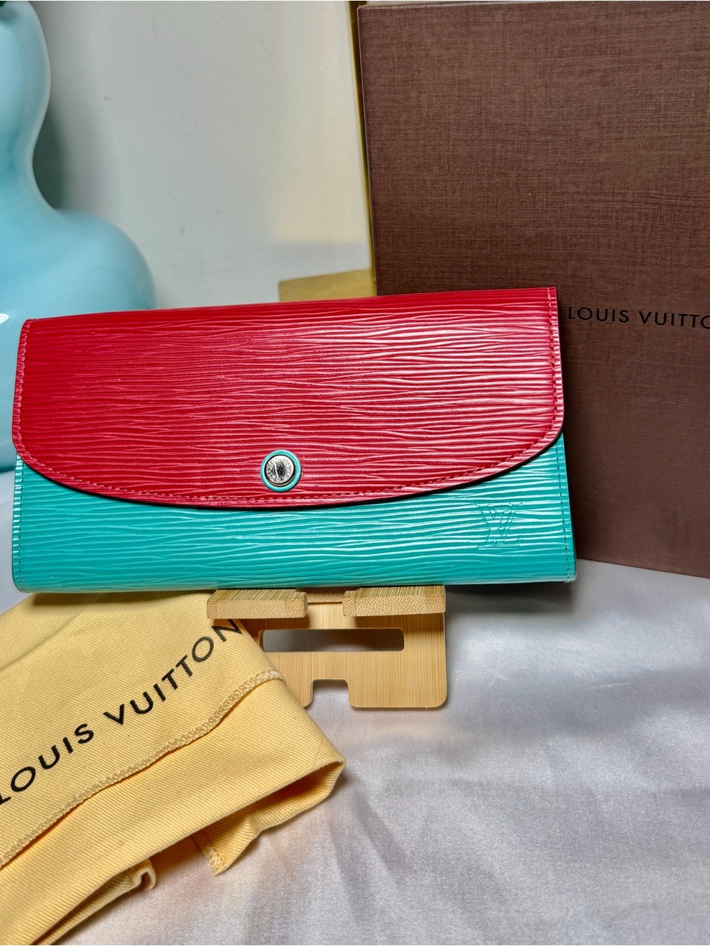Louis Vuitton Epi Red and Turquoise Epi Leather Continental Wallet with COA
